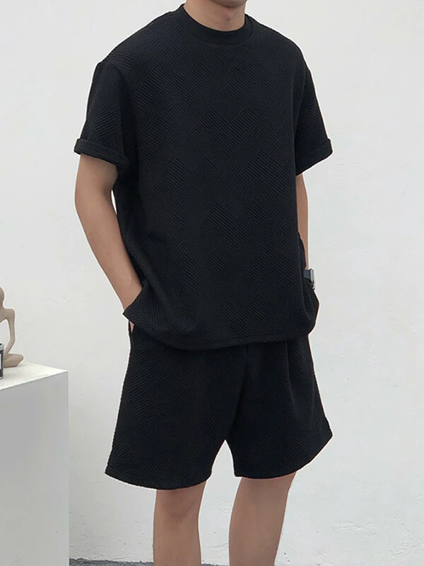 Mens Texture Side Split Short Sleeve Casual Two Pieces Outfits 5 Mens Texture Side Split Short Sleeve Casual Two Pieces Outfits - Image 3