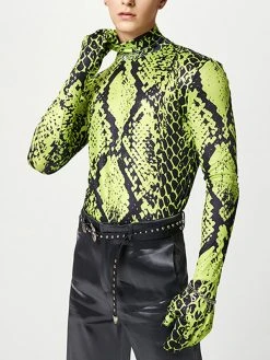 Mens Snake Print Long Sleeve High Neck T-shirt