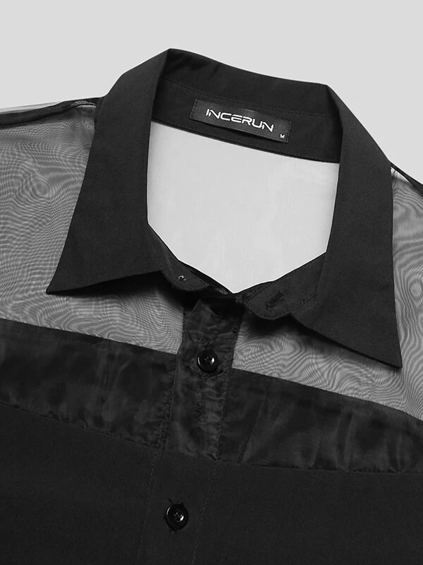 Men Sexy Mesh Patchwork Long Sleeve Shirt 8 Men Sexy Mesh Patchwork Long Sleeve Shirt - Image 6