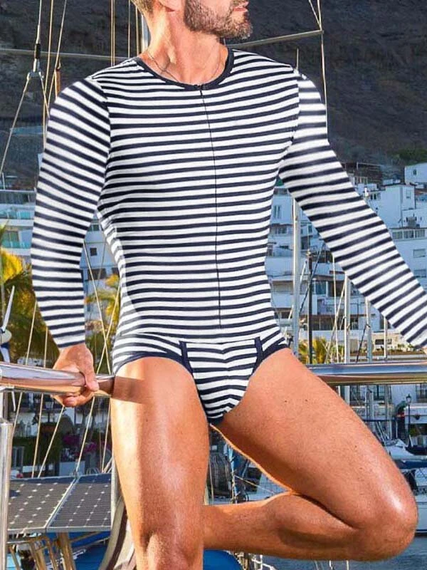 Mens Sexy Striped Zipper Long Sleeve Jumpsuit 3 Mens Sexy Striped Zipper Long Sleeve Jumpsuit