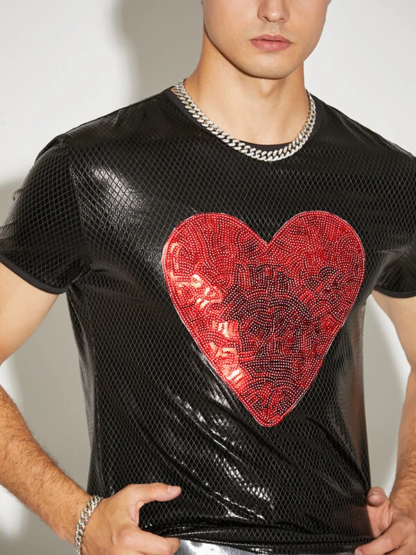 Mens Shiny Metallic Love Heart Patch T-Shirt 3 Mens Shiny Metallic Love Heart Patch T-Shirt