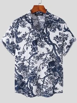Mens Plant Print Stand Collar Shirt