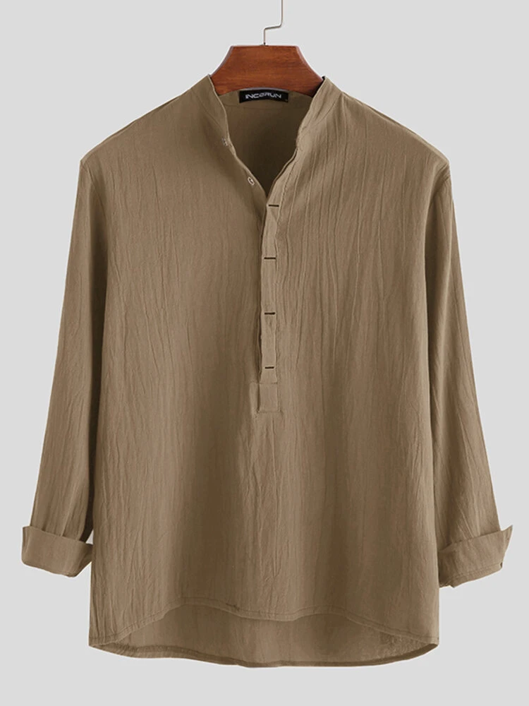 Mens Solid Stand Collar Button Long Sleeve Shirt 9 Mens Solid Stand Collar Button Long Sleeve Shirt - Image 7