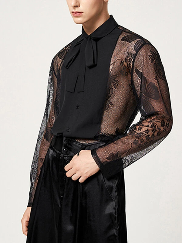 Mens Lace See Through Bowknot Long Sleeve Shirt 4 Mens Lace See Through Bowknot Long Sleeve Shirt - Image 2