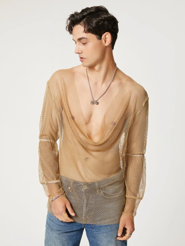 Mens Mesh See Through Swing Collar T-Shirt 5 Mens Mesh See Through Swing Collar T-Shirt - Image 3