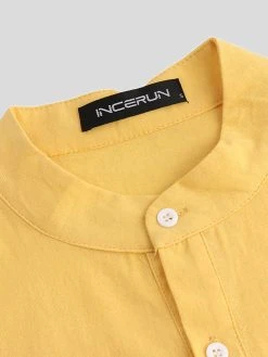 Mens Solid Stand Collar Short Sleeve Pocket Button Shirt -Incerun Shop f522b724 fe26 44e9 a0be 306a1529cbbc