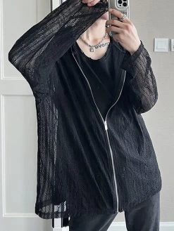 Mens Lace Hollow Out Zip Front Hooded Jacket