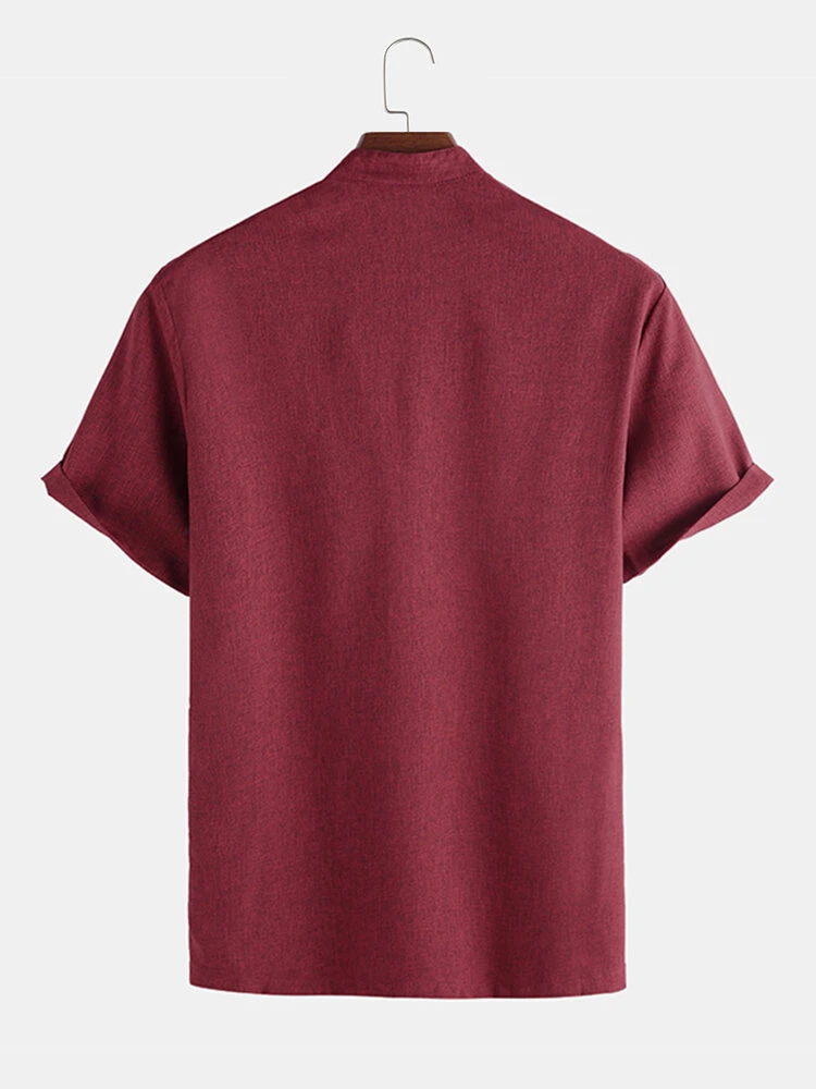 Men Soild Chinese Button V-neck Short Sleeve Henley Shirt 7 Men Soild Chinese Button V-neck Short Sleeve Henley Shirt - Image 5