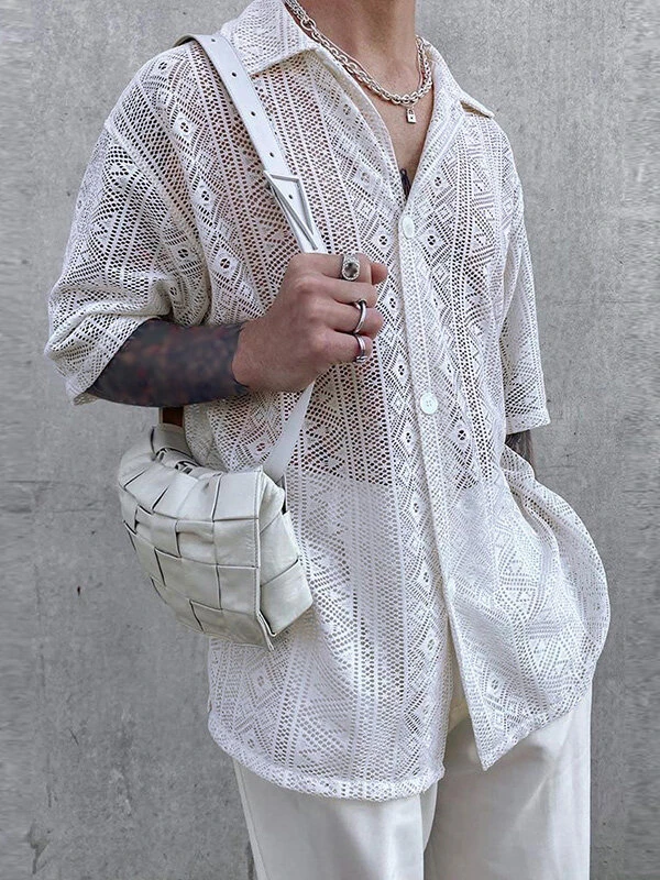 Men's Sexy Hollow Lace Loose Shirts 3 Men's Sexy Hollow Lace Loose Shirts