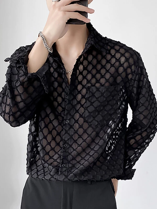 Mens Knitted Jacquard Hollow Long Sleeve Shirts 6 Mens Knitted Jacquard Hollow Long Sleeve Shirts - Image 4