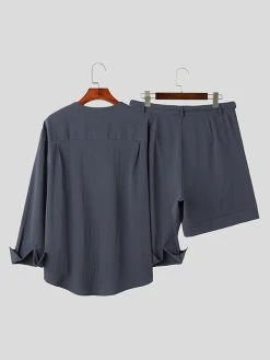 Mens Solid Texture V-Neck Casual Two Pieces Outfits -Incerun Shop f6a56a8f 1b0a 4846 b0c0 bf7c163a707d