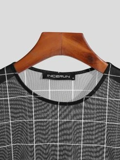 Mens Plaid Mesh See Through Long Sleeve T-shirt -Incerun Shop f6b70f57 5f4e 4acd a19a e6d62d1f207c