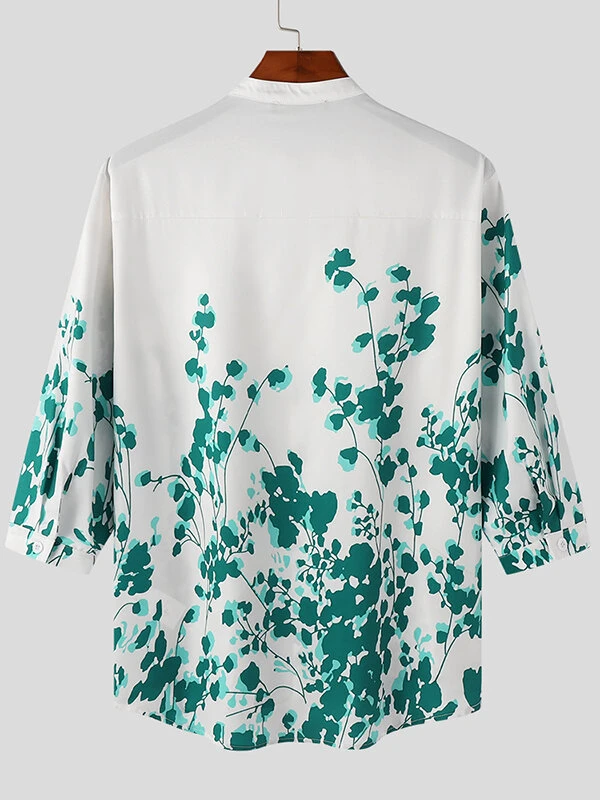 Mens Floral Plant Print Stand Collar 3/4 Sleeve Shirt 6 Mens Floral Plant Print Stand Collar 3/4 Sleeve Shirt - Image 4
