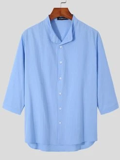 Mens Stand Collar Three-quarter Sleeve Shirt -Incerun Shop f8a8f191 8d7a 4d26 99a4 45d9ffd471ee