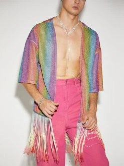 Men Glitter Rainbow Stripe Printed Fringe Cardigan