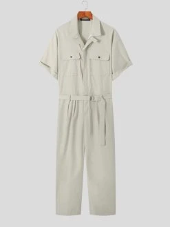 Mens Solid Lapel Zip Front Cargo Jumpsuit With Belt -Incerun Shop f9090bf7 dda2 4c14 98e2 16f32ad858ac