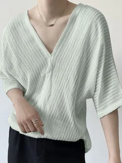 Mens Striped Front And Back Deep V-Neck T-Shirt