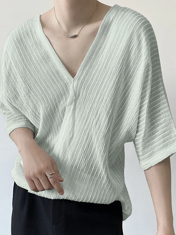 Mens Striped Front And Back Deep V-Neck T-Shirt 3 Mens Striped Front And Back Deep V-Neck T-Shirt