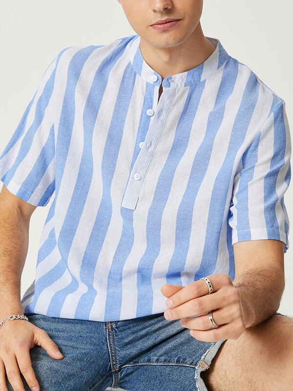 Mens Striped Half Button Casual Short Sleeve Henley Shirt 3 Mens Striped Half Button Casual Short Sleeve Henley Shirt