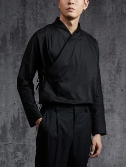 Mens Solid Color Cotton Linen Long Sleeve Shirt