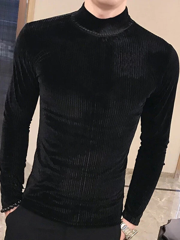 Mens High Neck Velvet Striped Long-sleeved T-Shirt 3 Mens High Neck Velvet Striped Long-sleeved T-Shirt
