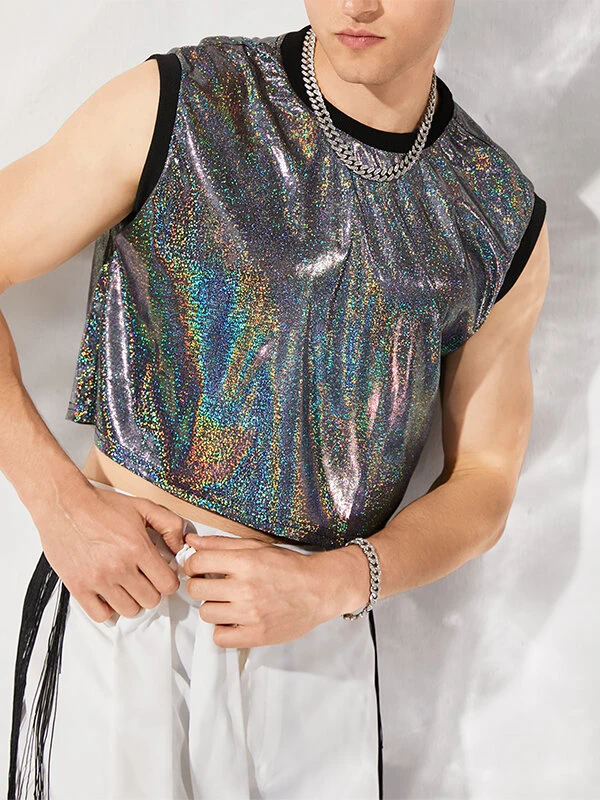 Men Shiny Sequins Crewneck Crop Tank Top 3 Men Shiny Sequins Crewneck Crop Tank Top