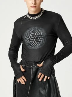 Mens Print Long Sleeve Half-collar T-shirt