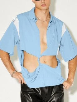 Mens Twist Front Cutout Color Block Shirt -Incerun Shop fd4035fa 6b6c 4eda 8804 3ec1ea0107a9