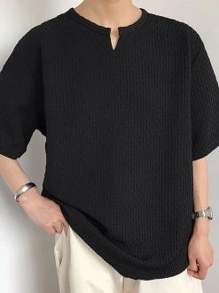 Men V-neck Half-sleeve Solid Color T-Shirt