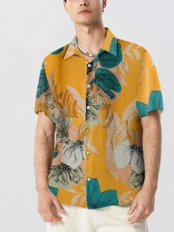 Mens Plant Print Lapel Short Sleeve Shirt -Incerun Shop fdabfcce 491f 4e61 a238 89a2b161ce63