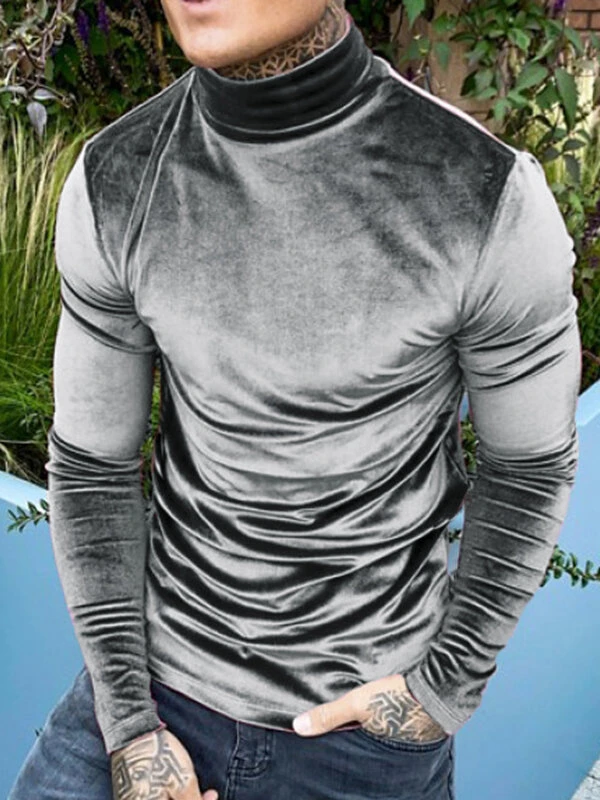 Men Suede High Neck Long Sleeve T-Shirt 5 Men Suede High Neck Long Sleeve T-Shirt - Image 3