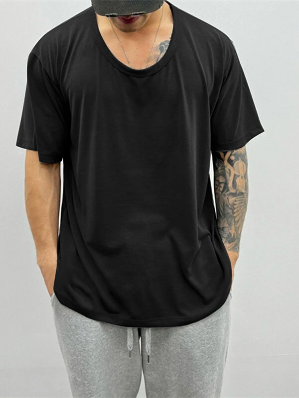 Mens Solid U-Neck Short Sleeve Loose T-Shirt 5 Mens Solid U-Neck Short Sleeve Loose T-Shirt - Image 3