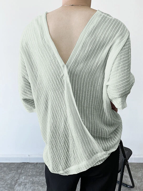 Mens Striped Front And Back Deep V-Neck T-Shirt 4 Mens Striped Front And Back Deep V-Neck T-Shirt - Image 2