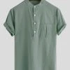 Mens Solid Stand Collar Short Sleeve Pocket Button Shirt -Incerun Shop ff66e6c8 98aa 404d 85f0 016686c4ff3b